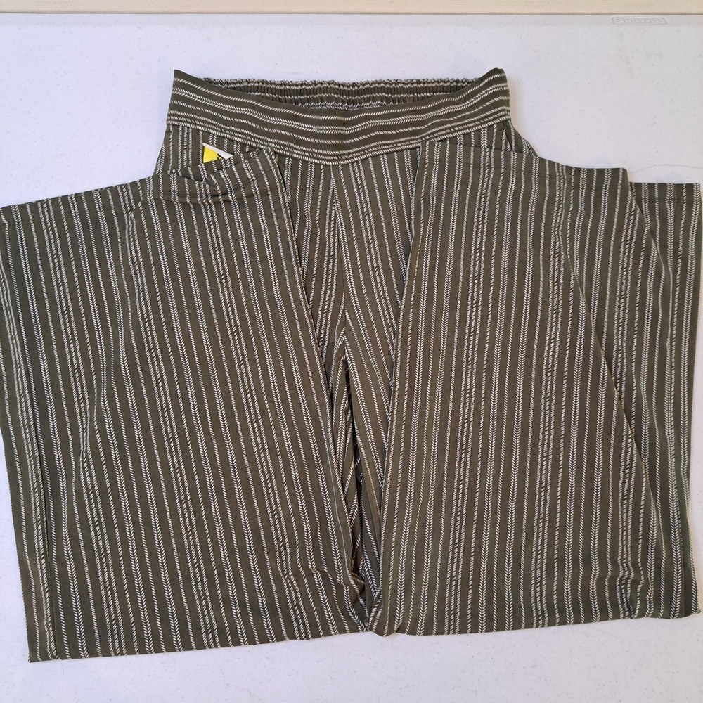 Three Dots Wide Leg Pants Womens Small Green NWT Striped Elastic Waist 1585-196